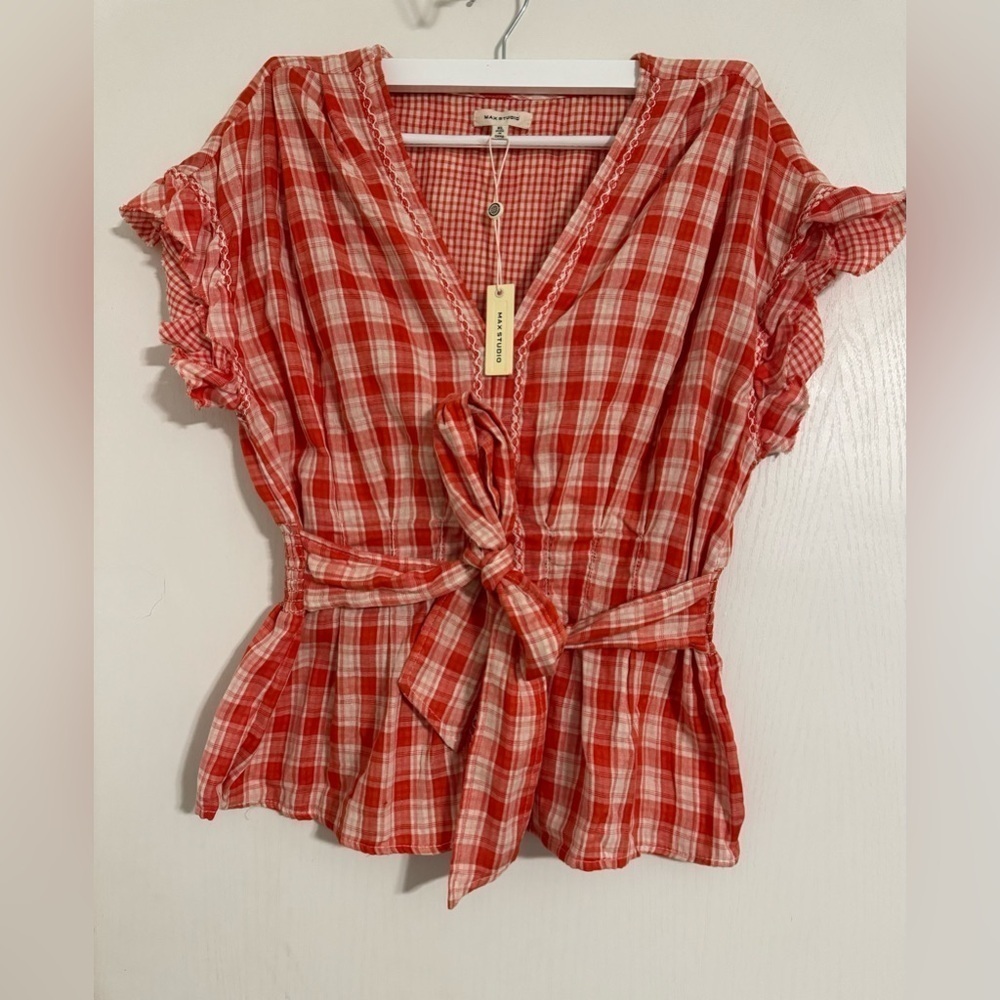 NWT Max Studio Blouse Top Women XL Orange Plaid Ruffle Short Sleeve Smocked Tie